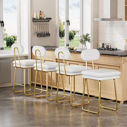 VECELO Bar Stools Set of 4, Counter Height Barstools with Removable Backrest, Padded Seat and Metal Legs, PU Leather Upholstered Bar Chairs for Kitchen, Island, White