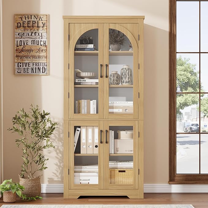 Garvee 70" Tall Kitchen Pantry Cabinet - Modern Display Cabinet with 4 Arched Glass Doors and Adjustable Shelves, Versatile Cupboard Organizers for Kitchen, Dining Room, Living Room, Bathroom, Natural