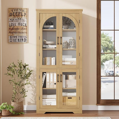 Garvee 70" Tall Kitchen Pantry Cabinet - Modern Display Cabinet with 4 Arched Glass Doors and Adjustable Shelves, Versatile Cupboard Organizers for Kitchen, Dining Room, Living Room, Bathroom, Natural