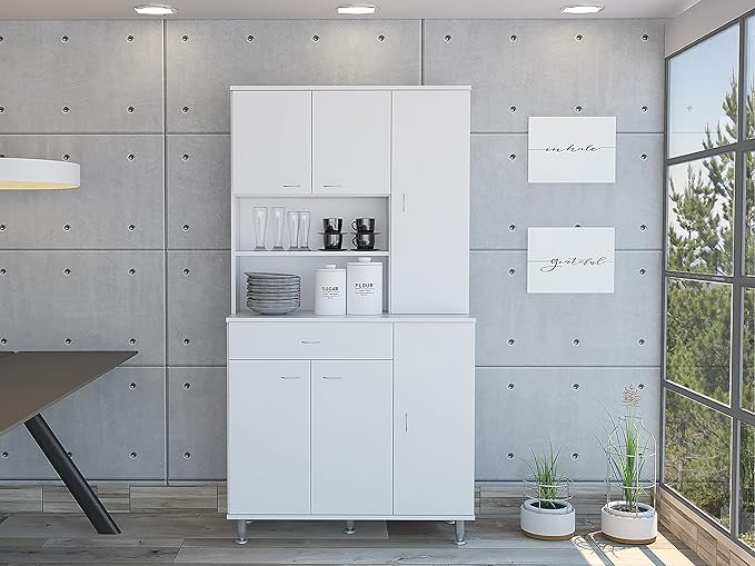 Modern Kitchen Pantry, White Storage Cabinet with 1-Shelf and 1-Drawer, Easy to Maintain, for Dining Room