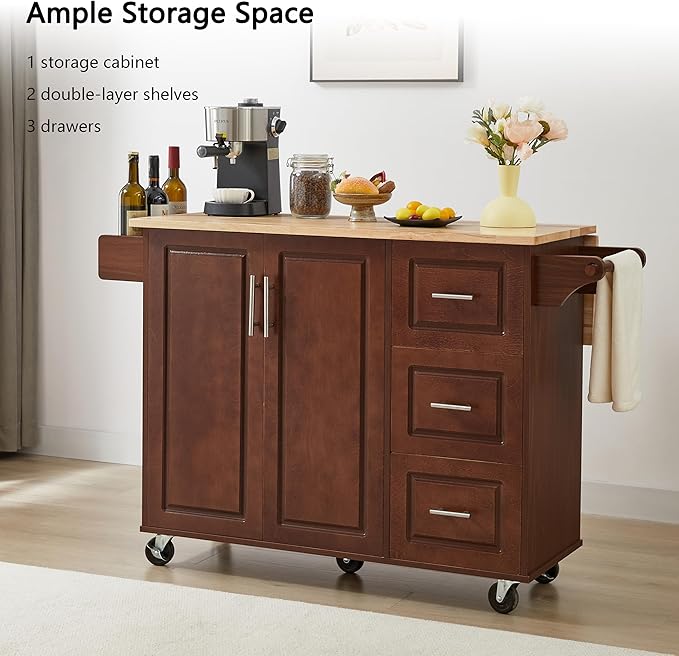 Modern Dining Table Expandable Kitchen Island Cart with Drop Countertop Cabinet Tower Rack Wheels Wood Console Luxury Decor,Brown-3