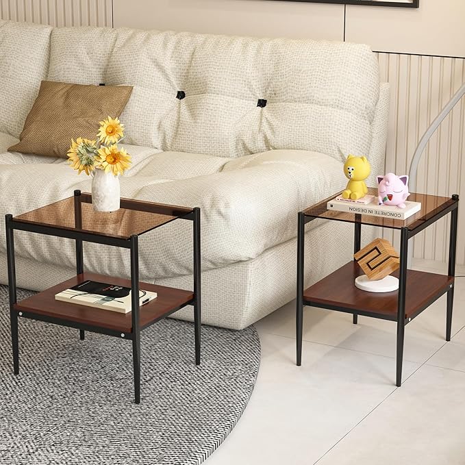 Set of 2 Glass End Table, 2-Layer Glass Living Room Table, Modern Tea Table Side Tables for Home Office Furniture