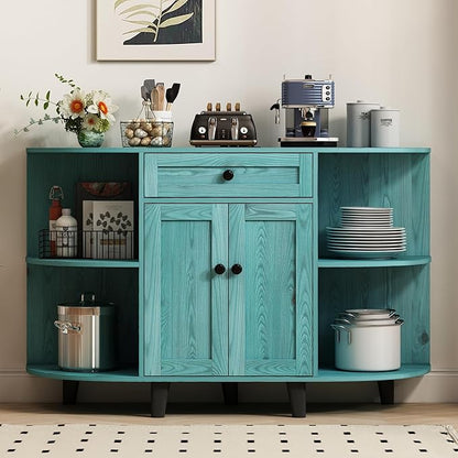 Sideboard Buffet Cabinet with Power Outlet,Freestanding Kitchen Cabinet with Storage,Accent Coffee Bar with Doors,Vintage Blue