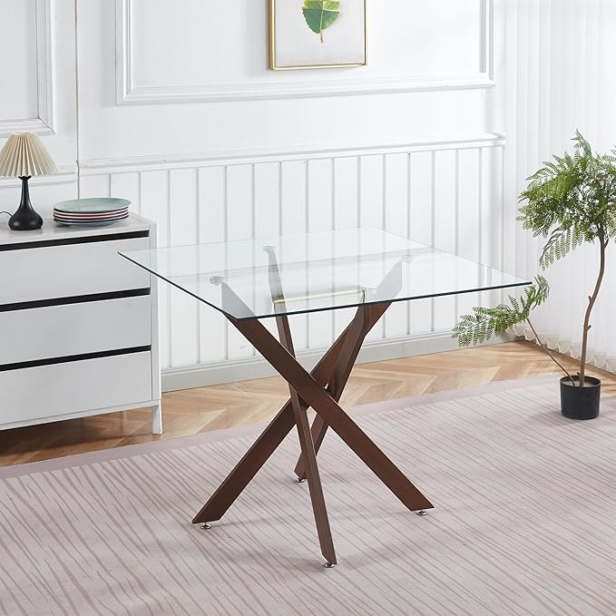 Square Glass Dining Table 35.4'' Inch Modern Square Kitchen Table with Metal Legs Durable Stylish Dinner Table for Dining Room Kitchen