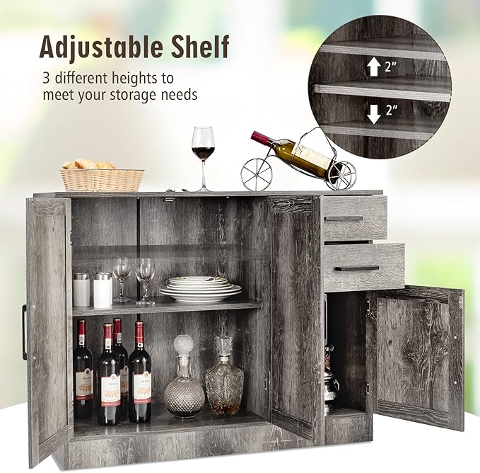 Giantex Buffet Server Sideboard Storage Cabinet Console Table Utensils Organizer Kitchen Dining Room Furniture, Entryway Cupboard with 2-Door Cabinet and 2 Drawers (Weathered Oak)
