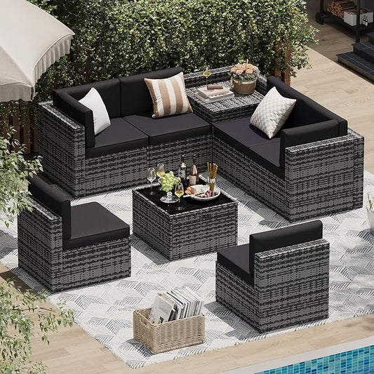 Aoxun 8 Piece Patio Furniture Set, Wicker Outdoor Furniture with Large Storage Table, Patio Conversation Sets with Waterproof Cover, Outdoor Sectional Sofas for Backyard Garden(Grey/Black)