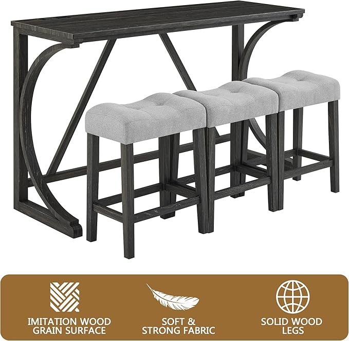 Betoko Counter Height Table and Chairs Set of 4, Breakfast Nook Bar Table with Outlet and Stools, Grey Black