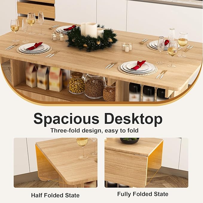 47" Folding Dining Table with Storage Shelves & Multi-Functional Rolling Kitchen Island on Wheels, Compact Desk for Small Spaces, Kitchen, Dining Room, Work, Ancient Oak