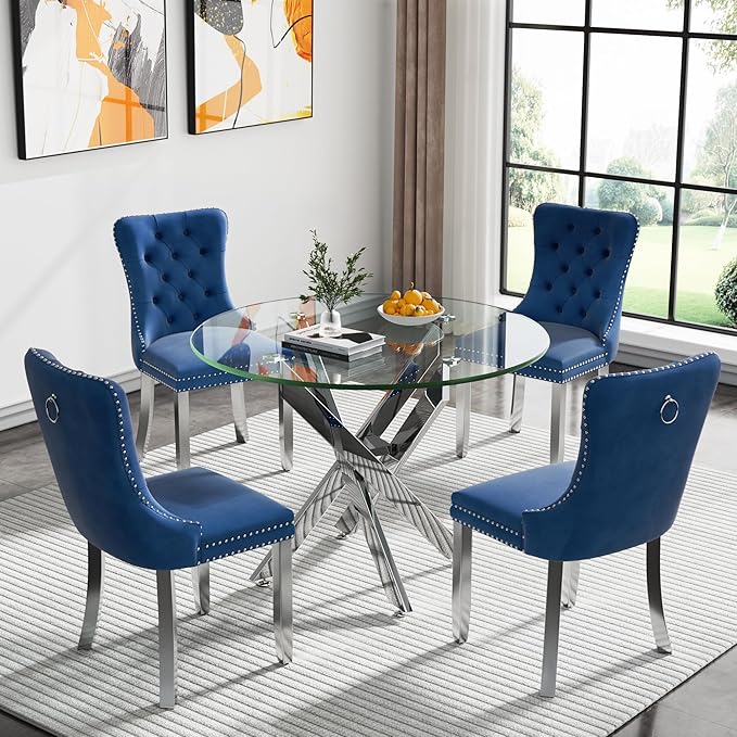 Round Glass Dining Table,Dining Room Table with Metal Legs, Modern Kitchen Table for Home, Kitchen, Dining Room