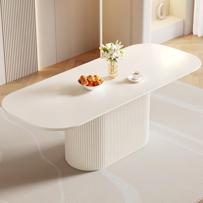 86.6“ Rectangular Dining Table for 6-8 People, Modern Kitchen Dining Room Table with Pedestal Base, Cream White Dining Table Furniture, Mid Century Large Table for Apartment Home Living Room