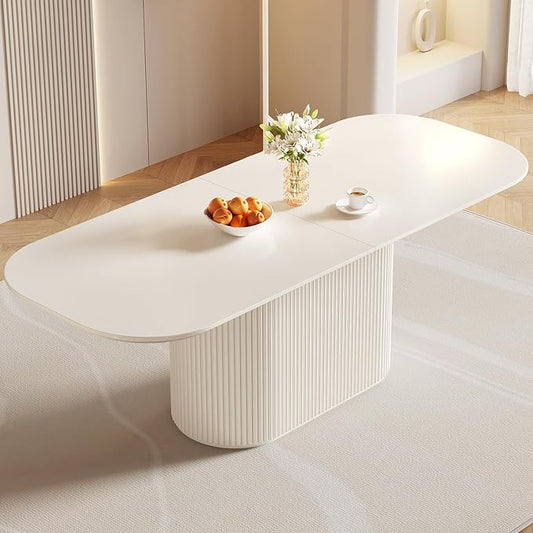 86.6“ Rectangular Dining Table for 6-8 People, Modern Kitchen Dining Room Table with Pedestal Base, Cream White Dining Table Furniture, Mid Century Large Table for Apartment Home Living Room