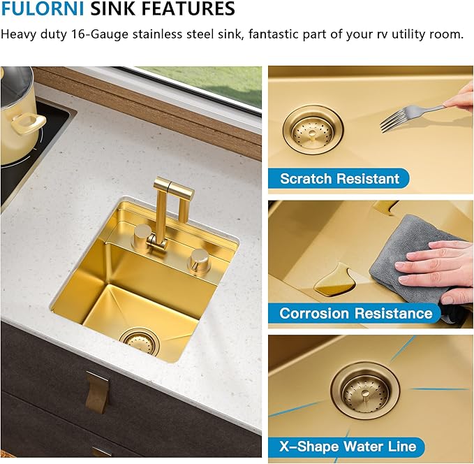 13"x15" Undermount RV Kitchen Sink Workstation – Brushed Gold NANO-PVD, 16 Gauge 304 Stainless Steel, Single Bowl Basin with Foldable Faucet for RV, Camper, Mobile Home, Wet Bar