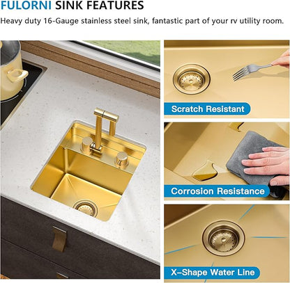 13"x15" Undermount RV Kitchen Sink Workstation – Brushed Gold NANO-PVD, 16 Gauge 304 Stainless Steel, Single Bowl Basin with Foldable Faucet for RV, Camper, Mobile Home, Wet Bar