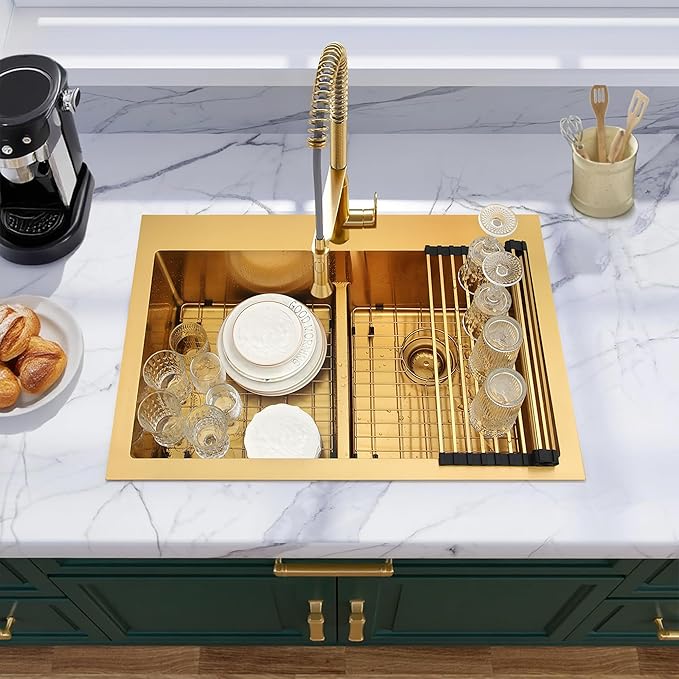 MILOSEN 33''x22'' Gold Double Bowl Kitchen Sink, 50/50 T304 Stainless Steel Drop in Gold Kitchen Sinks, Topmount Large and Deep Workstation Sink, Handmade Low-Divide Double Basin with Accessories