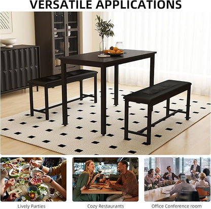 Dining Table Set for 4, Wood Kitchen Table & Chair with 2 Upholstered Benches for Breakfast Nook and Small Space, Black