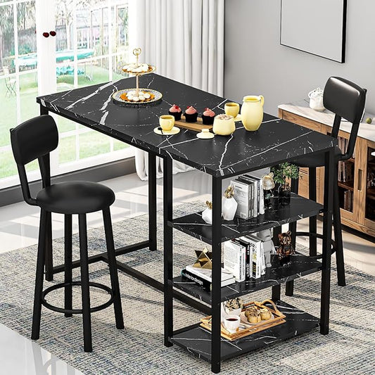 Recaceik Pub Dining Table Set for 2, Table and Bar Stools with 3 Storage Shelves, MDF Board & PU Leather Backrest Chairs, 3 Piece Dining Set for Small Space, Apartment, Kitchen Island, Black