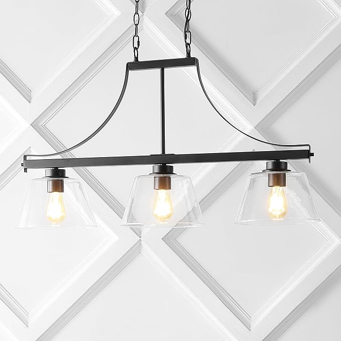 JONATHAN Y 36" Oil Rubbed Bronze 3-Light Iron and Glass Linear Pendant Light, Industrial Farmhouse Fixture for Kitchen Island Dining Room, UL Listed, LED Bulbs Included JYL7590A