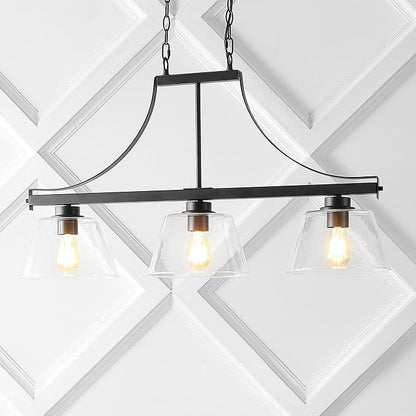 JONATHAN Y 36" Oil Rubbed Bronze 3-Light Iron and Glass Linear Pendant Light, Industrial Farmhouse Fixture for Kitchen Island Dining Room, UL Listed, LED Bulbs Included JYL7590A