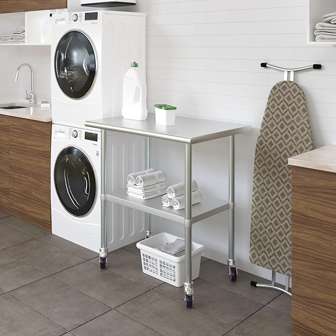 Stainless Steel Work Table with Wheels | NSF Kitchen Island Food Prep | Laundry Garage Utility Bench (Table + Wheels, 36" Long x 24" Deep)
