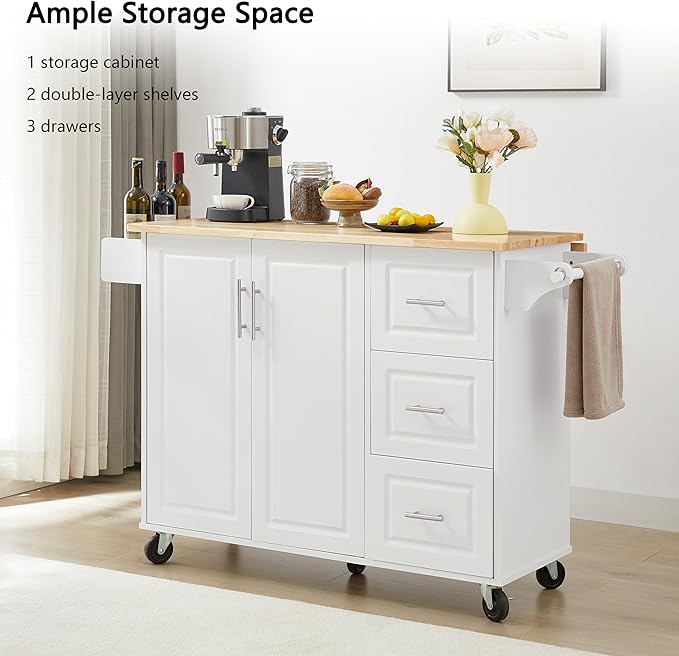 Modern Dining Table Expandable Kitchen Island Cart with Drop Countertop Cabinet Tower Rack Wheels Wood Console Luxury Decor,White