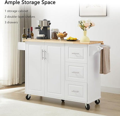 Modern Dining Table Expandable Kitchen Island Cart with Drop Countertop Cabinet Tower Rack Wheels Wood Console Luxury Decor,White