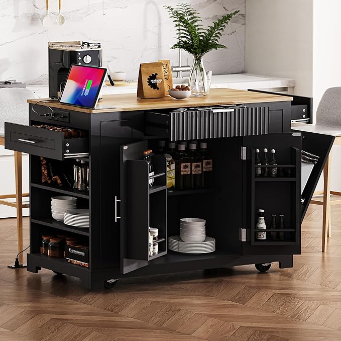 Modern Dining Table Kitchen Island with, Fluted Drawers, Power Outlet, Shelves, Mobile Rolling Cart with Trash Can Cabinet, 3 Drawers and Open Side Racks,Black-MDF