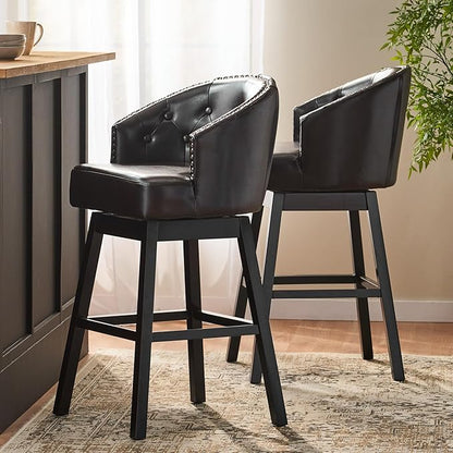 Set of 2 Brown Bar Stools with 360-Degree Swivel, Nailhead Trim & Button-Tufted PU Fabric, Rubberwood Frame for Kitchen Island, Home Bar, and Living Area