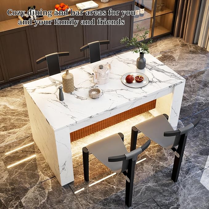 HUATOL Faux Marble Dining Table, 63” Rectangle Island Table with LED Lights for 4-6 People, Mordern Marble Stripes Kitchen Dining Table with Grille Design for Kitchen, Dining Room & Living Room