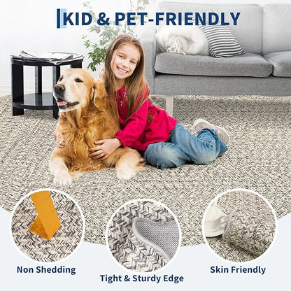 Imitation Braided Collection-Print Washable Rugs 10x13 Area Rug for Living Room Scalloped Bedroom Rug Soft Large Area Rug Non Slip Throw Rugs Stain Resistant Carpet for Nursery Dining Room
