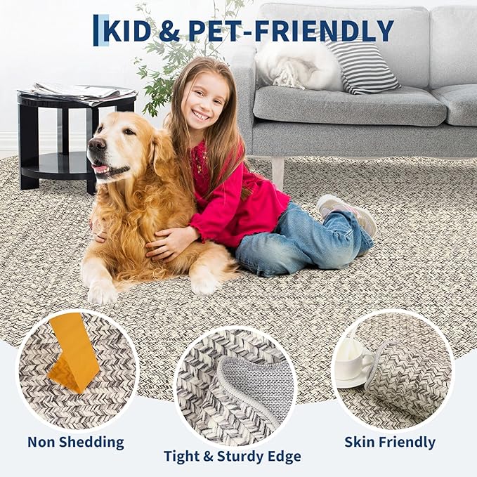 Imitation Braided Collection-Print Scalloped Washable Rugs 8x10 Area Rug for Living Room Soft Bedroom Rug Farmhouse Large Rug Non Slip Stain Resistant Carpet for Nursery Dining Room 8'x10'