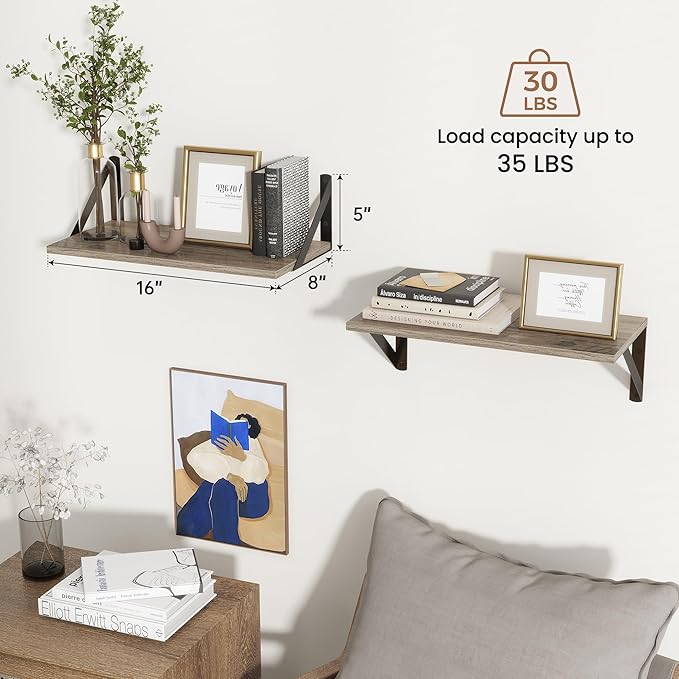 Axeman Floating Shelves for Wall, 8 Inch Deep Grey Wall Shelves Set of 2, 16''W x 8''D Rustic Grey Wood Shelves for Farmhouse Bookshelf Living Room Bedroom