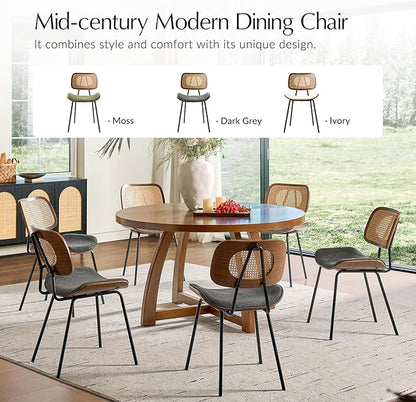 HULALA HOME Rattan Dining Room Chairs Set of 2, Farmhouse Upholstered Kitchen Chair with Square Woven Backrest, Metal Legs, Accent Side Chairs for Dining Living Room Resurant Cafe - Dark Gray