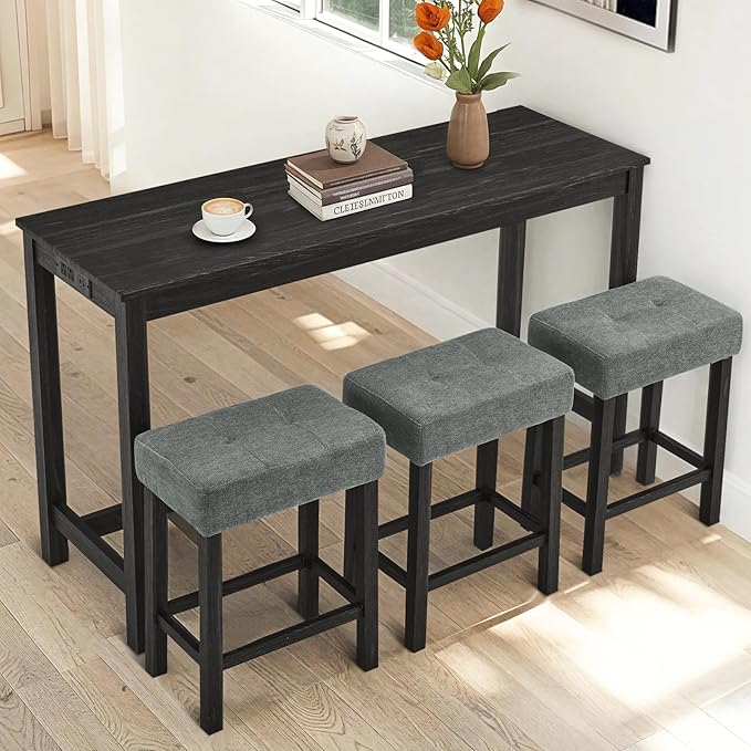LKTART Kitchen Bar Table and Chairs Set, 4 Piece Bar Height Dining Table Set with Power Outlet and 3 Upholstered Stools Industrial Breakfast Nook, Small Space Living Room, Black