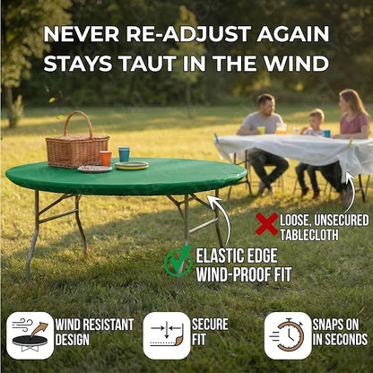 Kwik-Covers 10-Pack Fitted 60” or 72” Round Plastic Table Covers, Elastic Edge, 3 Mil Vinyl, Won’t Blow Off, Indoor/Outdoor for Picnic, Party & Trade Show Supplies (Kelly Green, 60" Round)