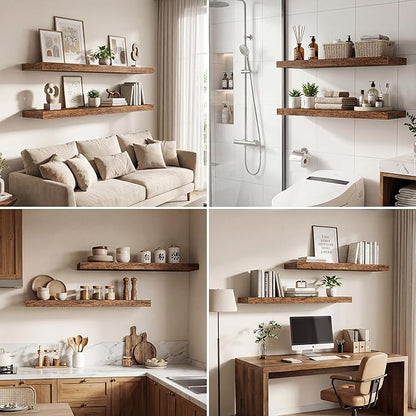 Dreamland 32 Inches Floating Shelves for Wall, 9.3" Deep Long Floating Shelves Set of 2, Large Display & Storage Shelf, Wall Shelf for Bathroom Bedroom Living Room Kitchen Office, Rustic Brown