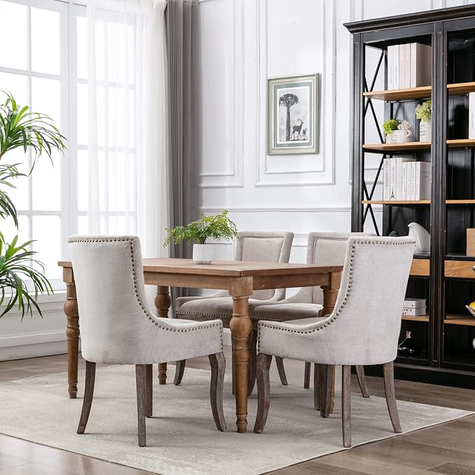 2 Pieces Dining Chair, Bar Chairs, Kitchen Island Chairs, Thickened Fabric Chairs with Neutral Toned Solid Wood Legs, Bronze Nail Head Accent, Sturdy Structure, for Living Room Dining Room, Beige