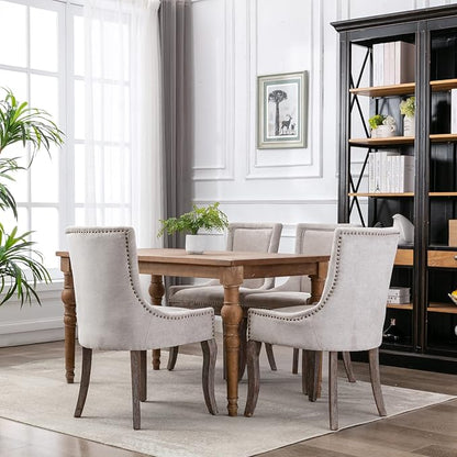2 Pieces Dining Chair, Bar Chairs, Kitchen Island Chairs, Thickened Fabric Chairs with Neutral Toned Solid Wood Legs, Bronze Nail Head Accent, Sturdy Structure, for Living Room Dining Room, Beige