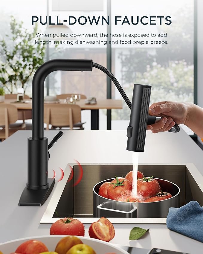 FORIOUS Touchless Waterfall Kitchen Faucets, Black Kitchen Sink Faucet with Pull Down Sprayer, Stainless Steel Modern Contemporary Kitchen Faucet Hands-Free for Laundry Bar Rv Farmhouse