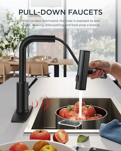 FORIOUS Touchless Waterfall Kitchen Faucets, Black Kitchen Sink Faucet with Pull Down Sprayer, Stainless Steel Modern Contemporary Kitchen Faucet Hands-Free for Laundry Bar Rv Farmhouse