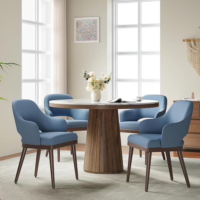 MALOL Wooden Dining Chairs Set of 4, Modern Fabric Upholstered Dining Room Chair, Kitchen Side Chairs, Farmhouse Dinner Chair with Open Back for Kitchen, Blue