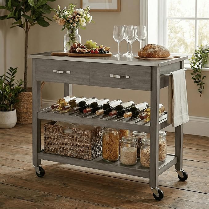 Casaphoria Amanda Collection Solid Wood Kitchen Island, 42" Butcher Block Cart with Stainless Steel Top & Locable Wheels, Prep Table for Small Spaces (Weathered Gray)