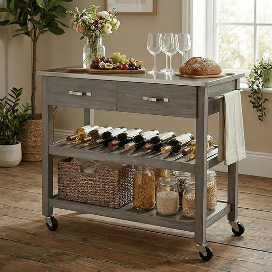 Casaphoria Amanda Collection Solid Wood Kitchen Island, 42" Butcher Block Cart with Stainless Steel Top & Locable Wheels, Prep Table for Small Spaces (Weathered Gray)