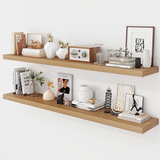 Acovy 55 Inch Floating Shelves, 9.3" Deep Floating Shelf Wall Mounted, 56" Wall Shelves, Rustic Deep Bookshelf, Large Display Shelves & Storage Shelves for Bedroom, Living Room, Light Brown, Set of 2