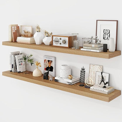Acovy 55 Inch Floating Shelves, 9.3" Deep Floating Shelf Wall Mounted, 56" Wall Shelves, Rustic Deep Bookshelf, Large Display Shelves & Storage Shelves for Bedroom, Living Room, Light Brown, Set of 2
