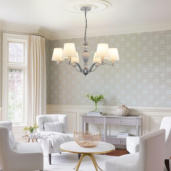 WJShome 29" Farmhouse Chandelier, 6-Light Dining Room Light Fixture/Chandelier Over Table, Rustic Vintage Kitchen Island Lighting, Modern Silver Hanging Pendant Lights for Living Room, Bedroom, Foyer