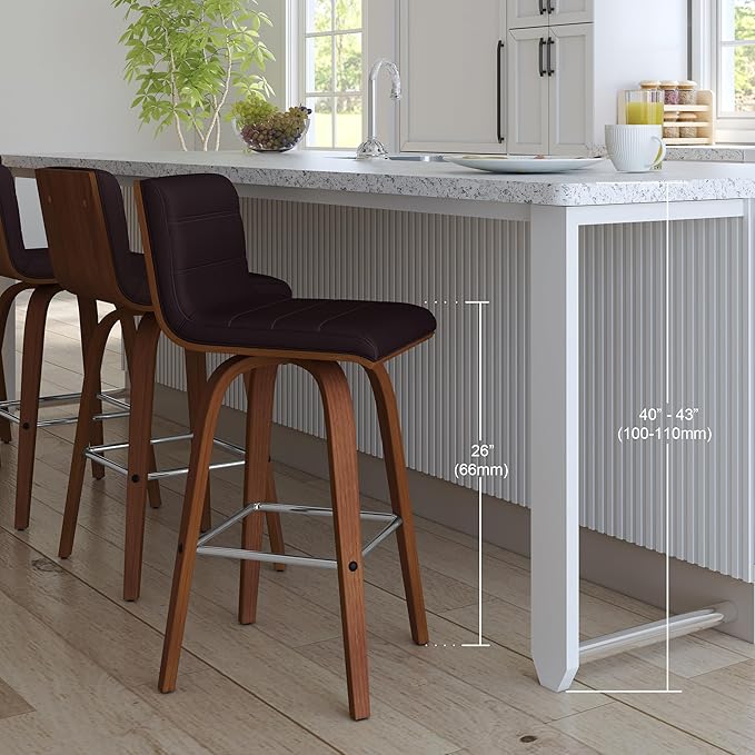 Vienna 26" Swivel Counter Stool in Walnut Wood Finish with Brown Faux Leather - Set of 4