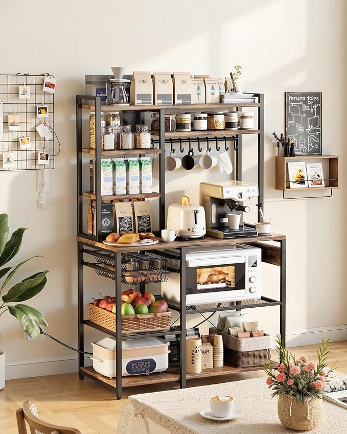 VEVOR Kitchen Bakers Rack with Power Outlets, 35.4x15.7x70.9 Inch Microwave Stand with Built-in Power Strip & 5 Ft Cord, 10 S-Shaped Hooks, for Dish Storage, Spice Jars, Coffee Bar Organization