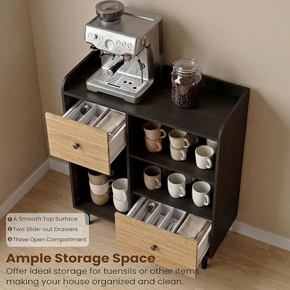 Manora Narrow Small Coffee Bar Cabinet with Drawers, Wooden Mini Sideboard Buffet Cabinet with Storage, Compact Kitchen Island & Corner Island for Kitchen, Dining Room, Coffee Station, Black