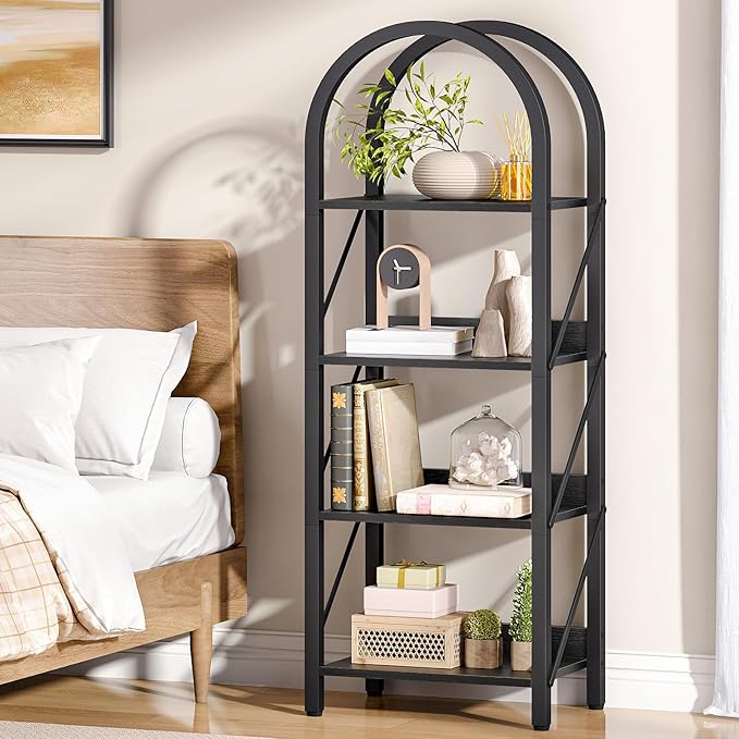 HOOBRO Bookshelf, 4-Tier Bookshelf Arched Display Racks, Industrial Bookcase with Metal Frame, Book Shelf Storage Organizer for Living Room, Office, Bedroom, Black BB424SJ01