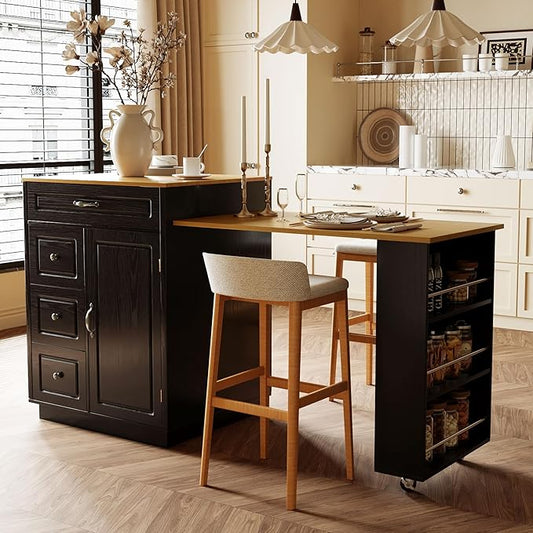 73” Kitchen Island with Extendable Dining Table, Multifunctional Wine Cabinet with 1 Door, 5 Drawers, Open Side Shelves, Wine Rack, Stemware Holder, Rolling Wheels, Chairs Not Include, Black+Natural